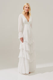 Vestido Longo Decote V com Franzidos e Saia de Babados - Braga Off White