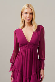Vestido Longo Decote V com Franzidos e Saia de Babados - Braga Fúcsia