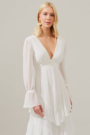 Vestido Longo Decote V com Franzidos e Saia de Babados - Braga Off White
