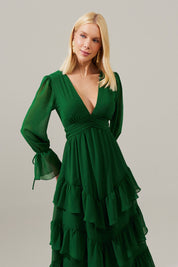 Vestido Longo Decote V com Franzidos e Saia de Babados - Braga Verde Bandeira