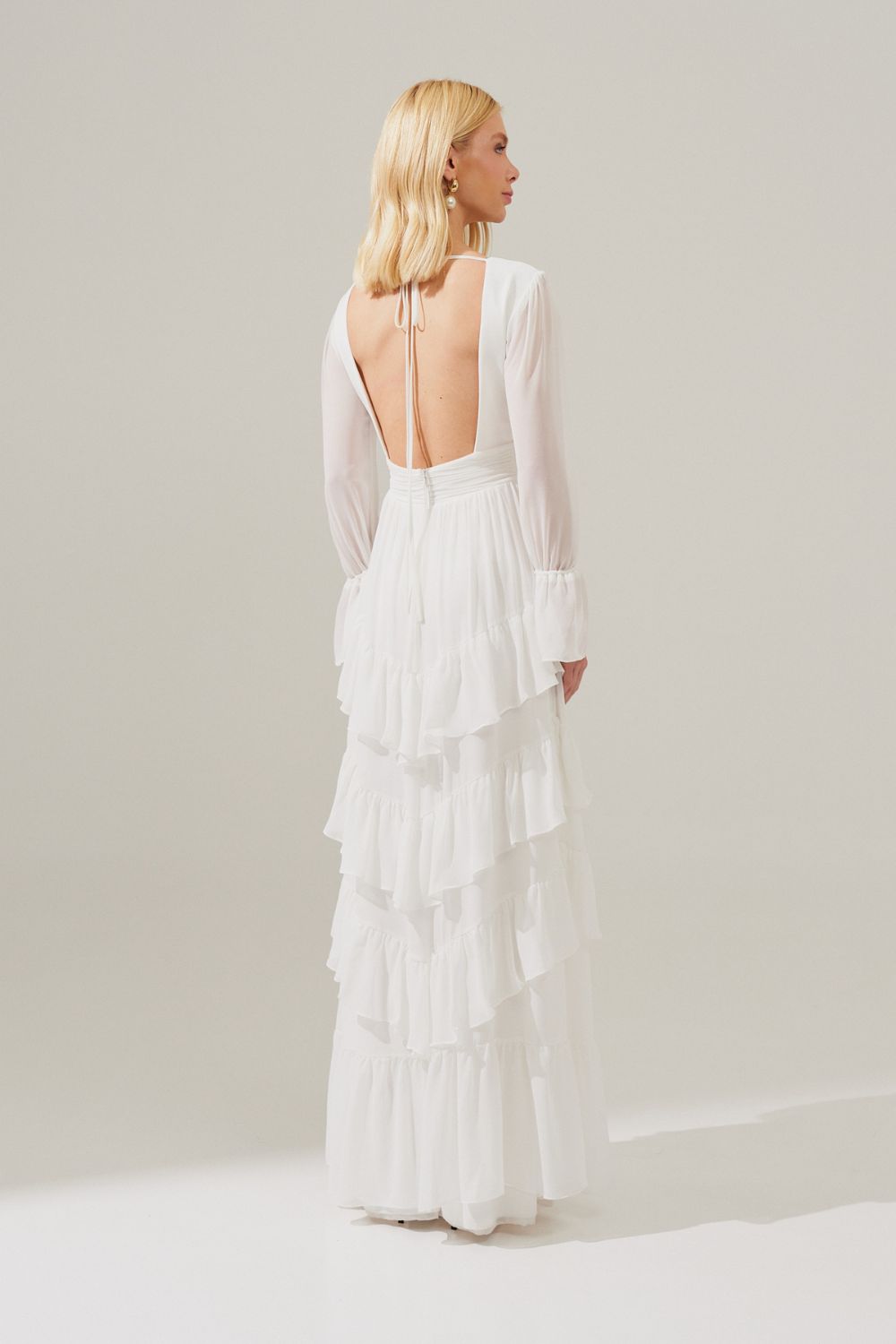 Vestido Longo Decote V com Franzidos e Saia de Babados - Braga Off White