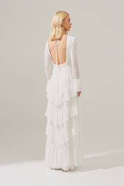 Vestido Longo Decote V com Franzidos e Saia de Babados - Braga Off White