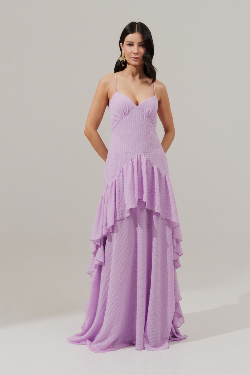 Vestido Longo Decote V e Saia Assimétrica com Babados - Monte Negro Lilás | Lavanda