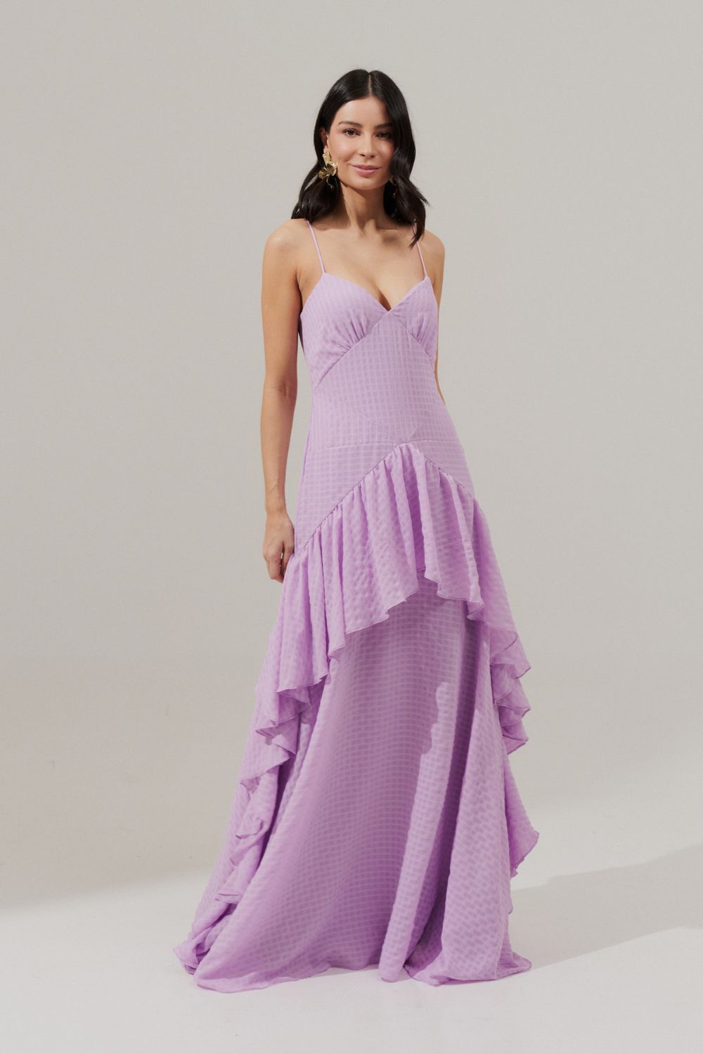 Vestido Longo Decote V e Saia Assimétrica com Babados - Monte Negro Lilás | Lavanda