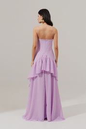 Vestido Longo Decote V e Saia Assimétrica com Babados - Monte Negro Lilás | Lavanda