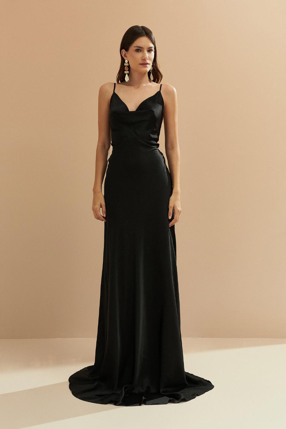 Vestido Longo em Cetim com Decote Degagê com Alças Finas e Amarração nas Costas - Líbano Preto