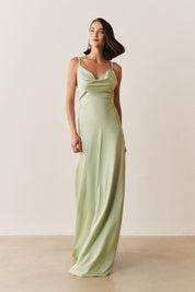 Vestido Longo em Cetim com Decote Degagê com Alças Finas e Amarração nas Costas - Líbano Menta