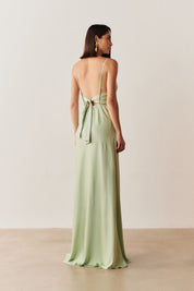 Vestido Longo em Cetim com Decote Degagê com Alças Finas e Amarração nas Costas - Líbano Menta