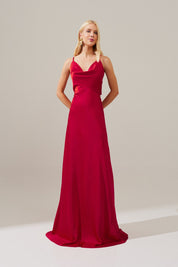 Vestido Longo em Cetim com Decote Degagê com Alças Finas e Amarração nas Costas - Líbano Vermelho