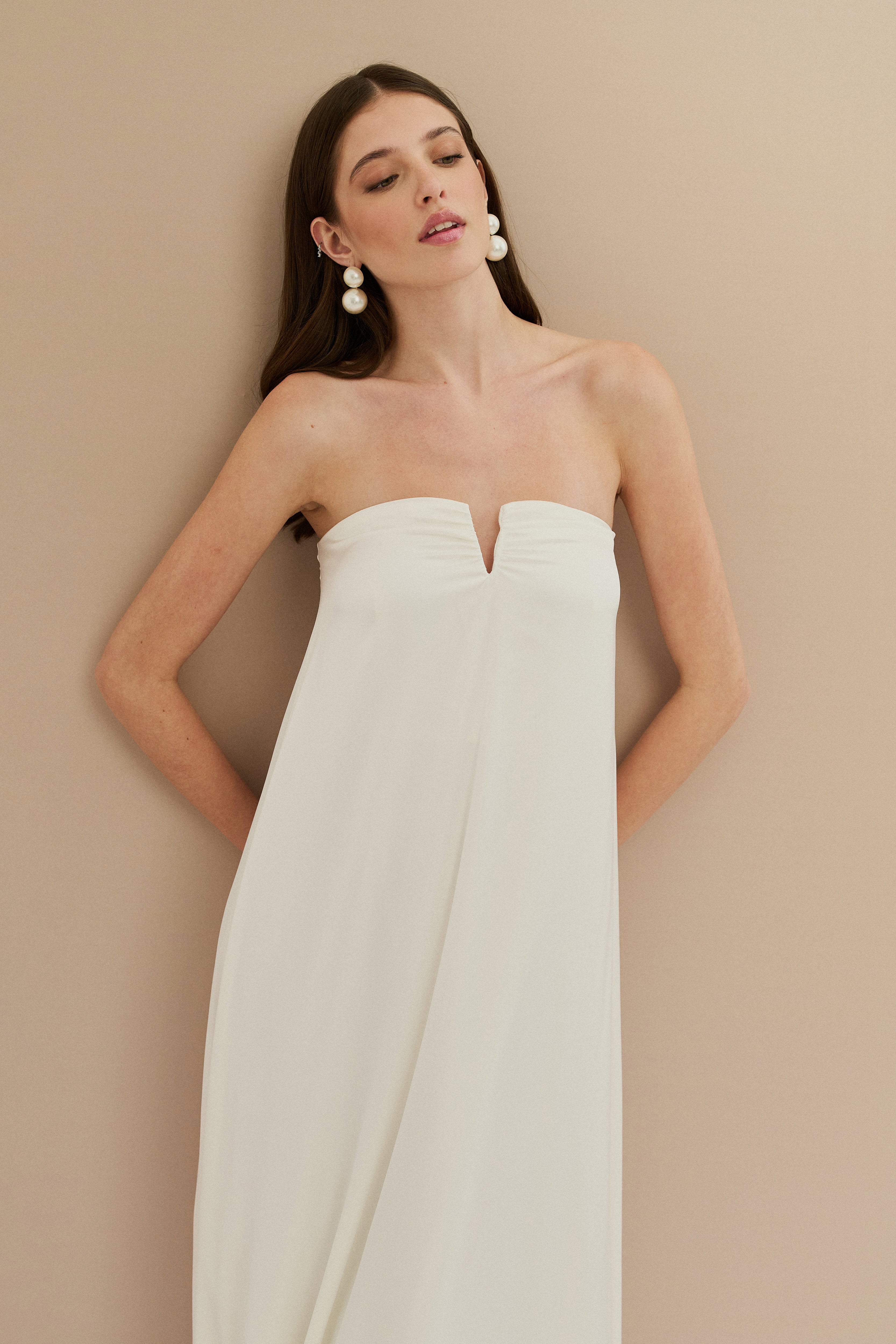 Vestido Longo sem Alças com Decote em V - São Paulo Off White