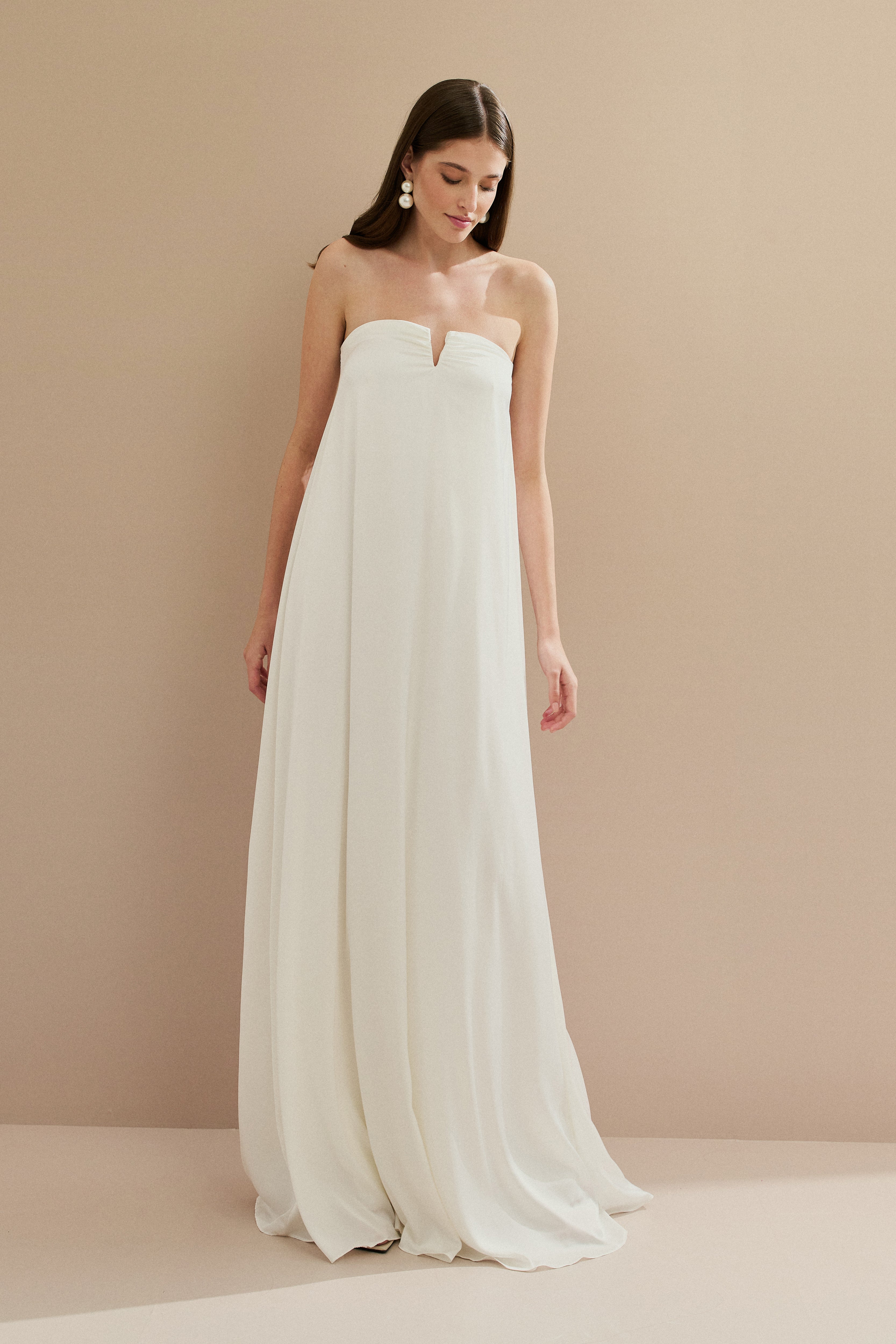 Vestido Longo sem Alças com Decote em V - São Paulo Off White