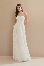 Vestido Longo em Chiffon com Busto Demarcado, Babados na Saia e Alça Removivel - Luma Off White