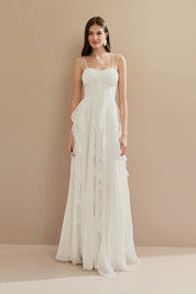 Vestido Longo em Chiffon com Busto Demarcado, Babados na Saia e Alça Removivel - Luma Off White