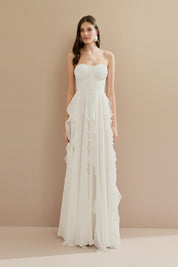 Vestido Longo em Chiffon com Busto Demarcado, Babados na Saia e Alça Removivel - Luma Off White