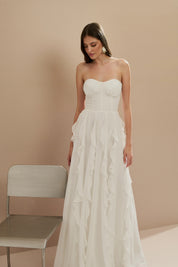 Vestido Longo em Chiffon com Busto Demarcado, Babados na Saia e Alça Removivel - Luma Off White