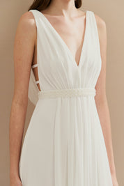 Vestido de Festa Longo com Decote em V, Cinto Bordado e Fenda - Elis Off White