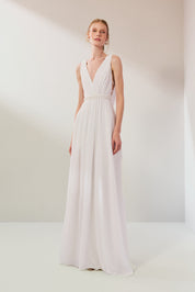 Vestido Longo em Chiffon com Decote em V, Cinto Bordado e Fenda - Elis Off White