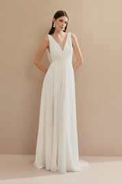 Vestido de Festa Longo com Decote em V, Cinto Bordado e Fenda - Elis Off White