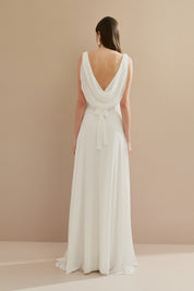 Vestido de Festa Longo com Decote em V, Cinto Bordado e Fenda - Elis Off White