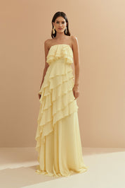 Vestido Longo em Chiffon com Decote Reto sem Alças e Babados Assimétricos - Sorrento Amarelo Manteiga