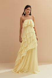 Vestido Longo em Chiffon com Decote Reto sem Alças e Babados Assimétricos - Sorrento Amarelo Manteiga