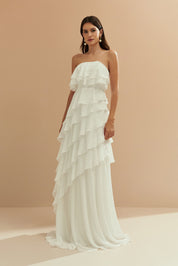 Vestido Longo em Chiffon com Decote Reto sem Alças e Babados Assimétricos - Sorrento Off White