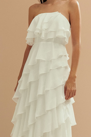 Vestido Longo em Chiffon com Decote Reto sem Alças e Babados Assimétricos - Sorrento Off White