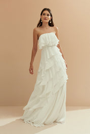 Vestido Longo em Chiffon com Decote Reto sem Alças e Babados Assimétricos - Sorrento Off White