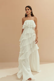 Vestido Longo em Chiffon com Decote Reto sem Alças e Babados Assimétricos - Sorrento Off White