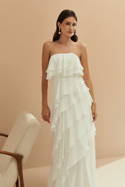 Vestido Longo em Chiffon com Decote Reto sem Alças e Babados Assimétricos - Sorrento Off White
