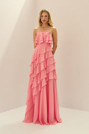 Vestido Longo em Chiffon com Decote Reto sem Alças e Babados Assimétricos - Sorrento Rosa Bubbaloo