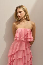 Vestido Longo em Chiffon com Decote Reto sem Alças e Babados Assimétricos - Sorrento Rosa Bubbaloo
