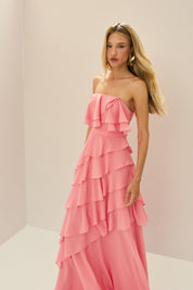 Vestido Longo em Chiffon com Decote Reto sem Alças e Babados Assimétricos - Sorrento Rosa Bubbaloo