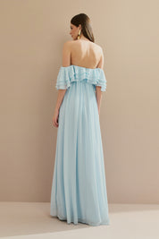 Vestido Longo em Chiffon com Mangas Ombro a Ombro e Babados - Himalaia Serenity