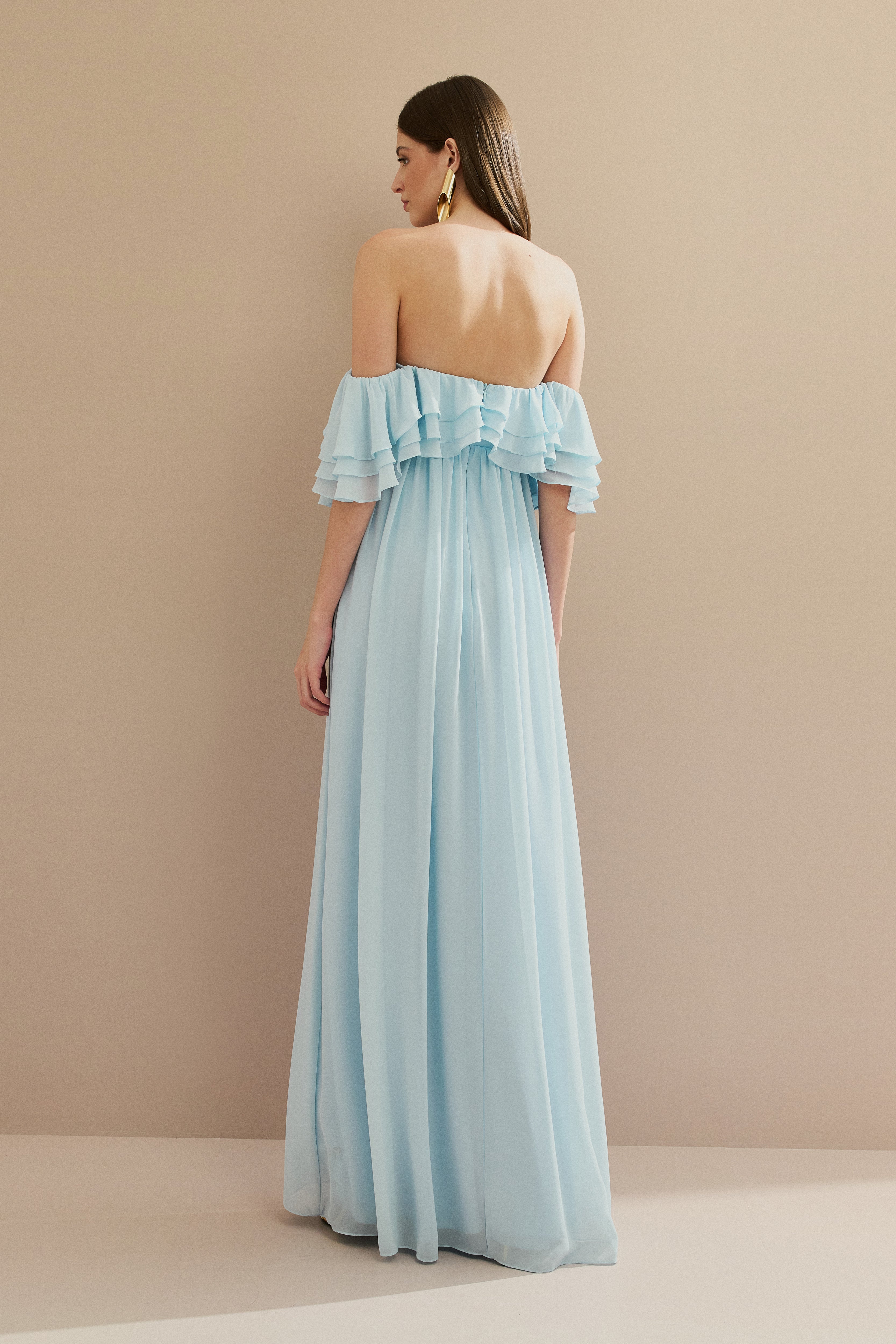 Vestido Longo em Chiffon com Mangas Ombro a Ombro e Babados - Himalaia Serenity