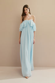 Vestido Longo em Chiffon com Mangas Ombro a Ombro e Babados - Himalaia Serenity