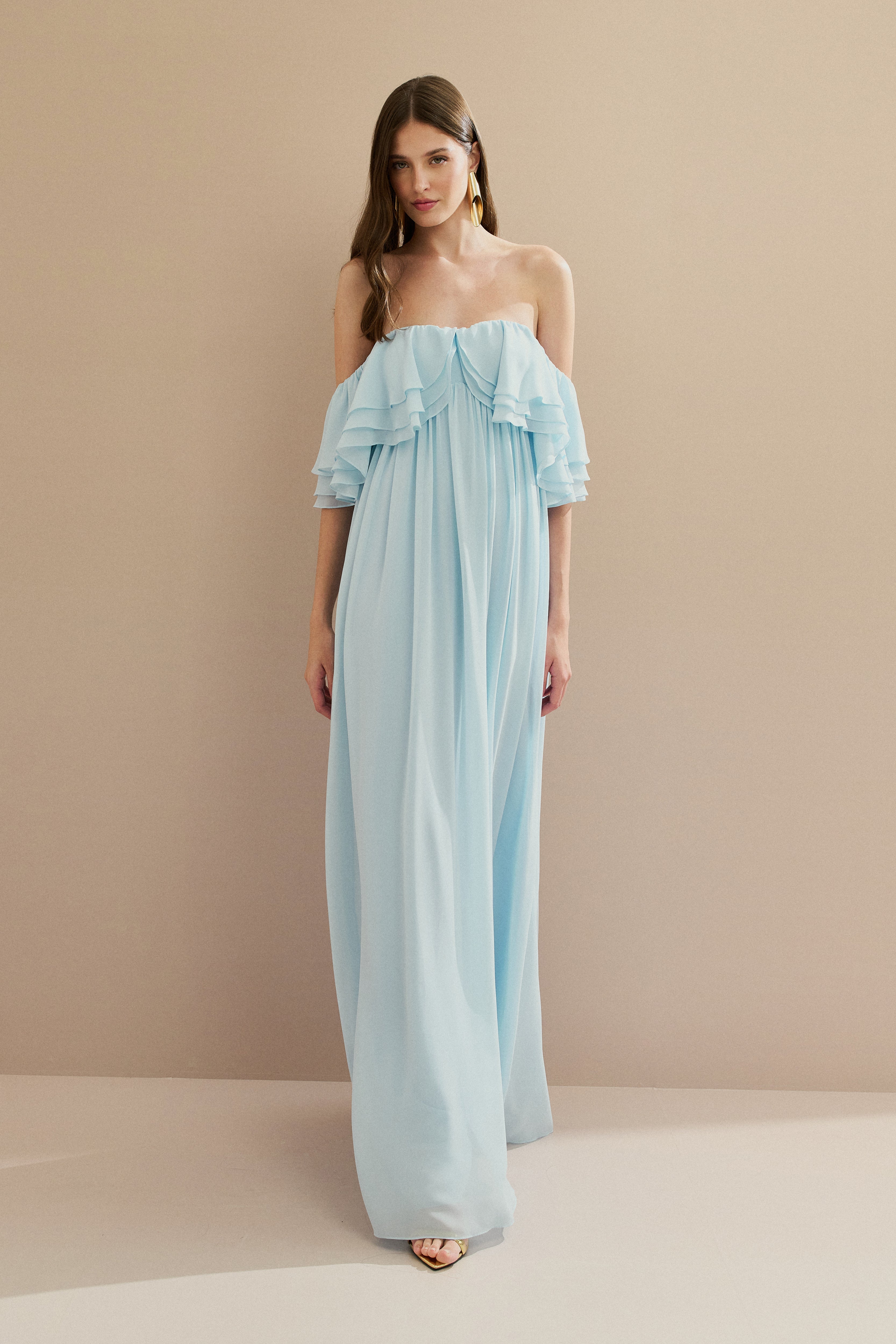 Vestido Longo em Chiffon com Mangas Ombro a Ombro e Babados - Himalaia Serenity