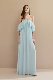 Vestido Longo em Chiffon com Mangas Ombro a Ombro e Babados - Himalaia Serenity