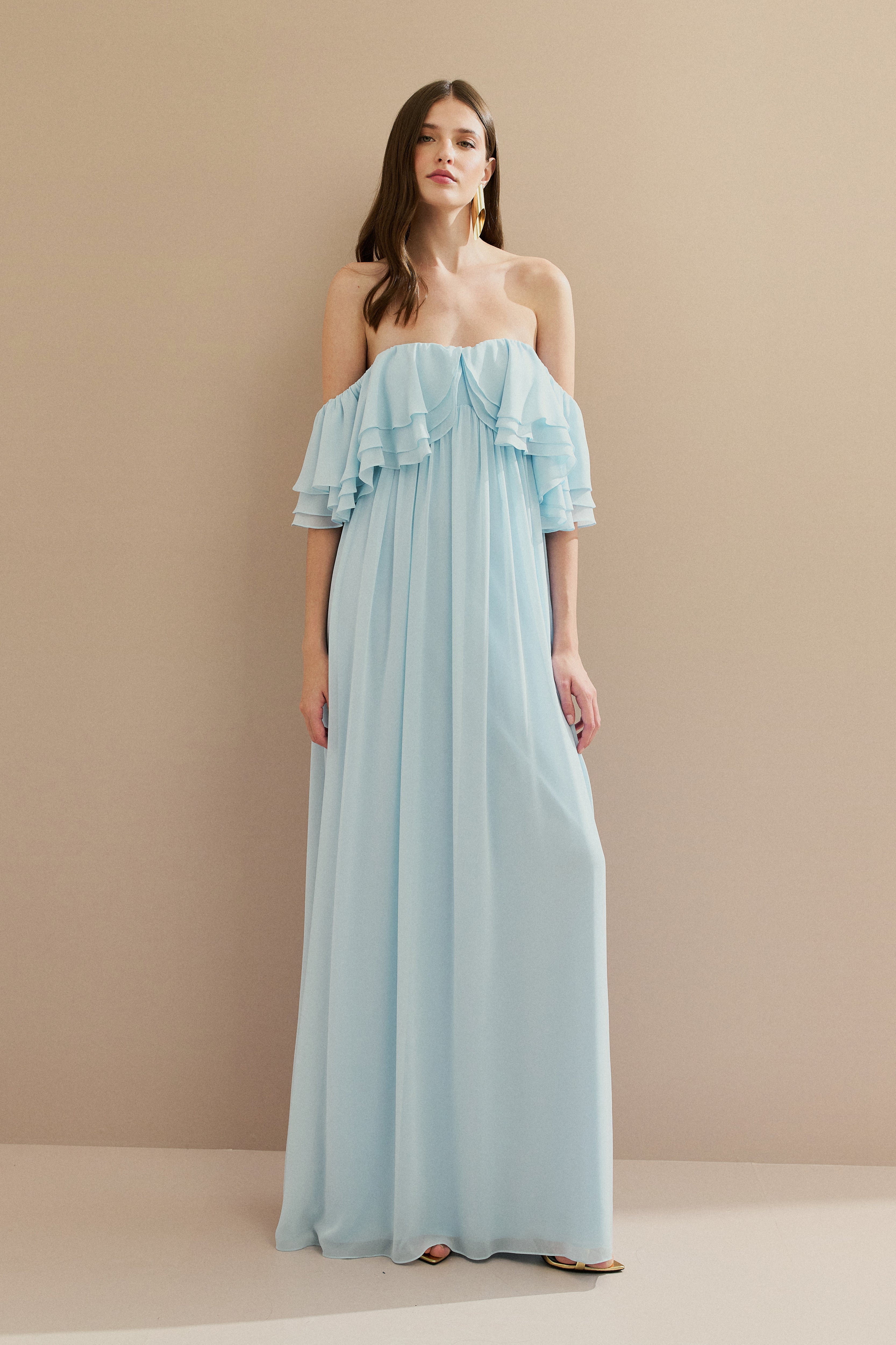 Vestido Longo em Chiffon com Mangas Ombro a Ombro e Babados - Himalaia Serenity