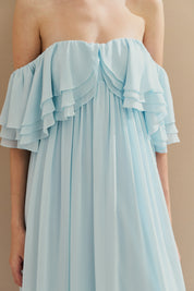 Vestido Longo em Chiffon com Mangas Ombro a Ombro e Babados - Himalaia Serenity
