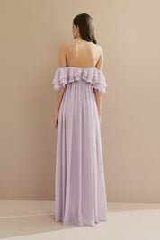 Vestido Longo em Chiffon com Mangas Ombro a Ombro e Babados - Himalaia Lilás | Lavanda