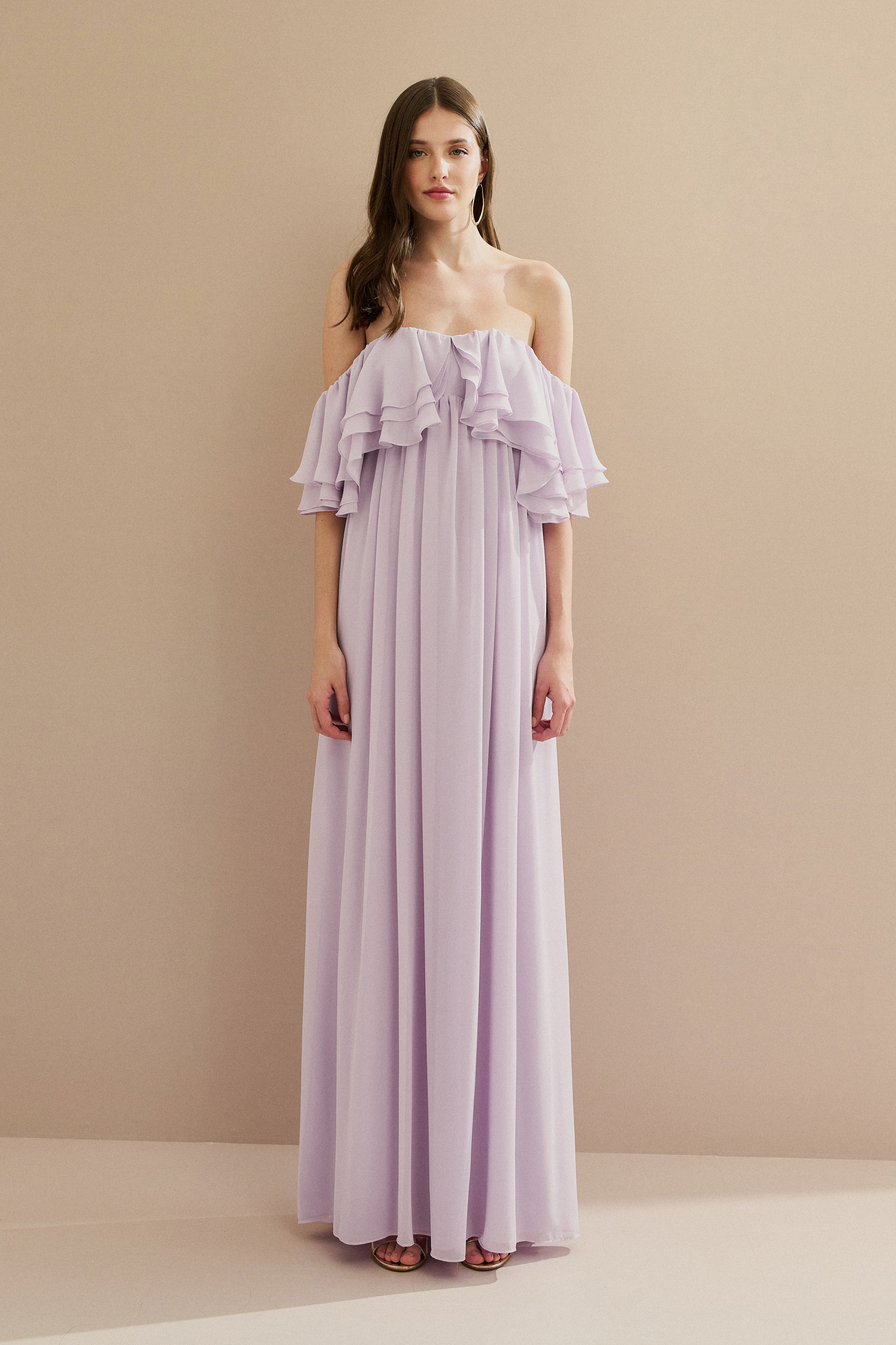 Vestido Longo em Chiffon com Mangas Ombro a Ombro e Babados - Himalaia Lilás | Lavanda