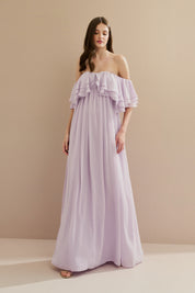 Vestido Longo em Chiffon com Mangas Ombro a Ombro e Babados - Himalaia Lilás | Lavanda