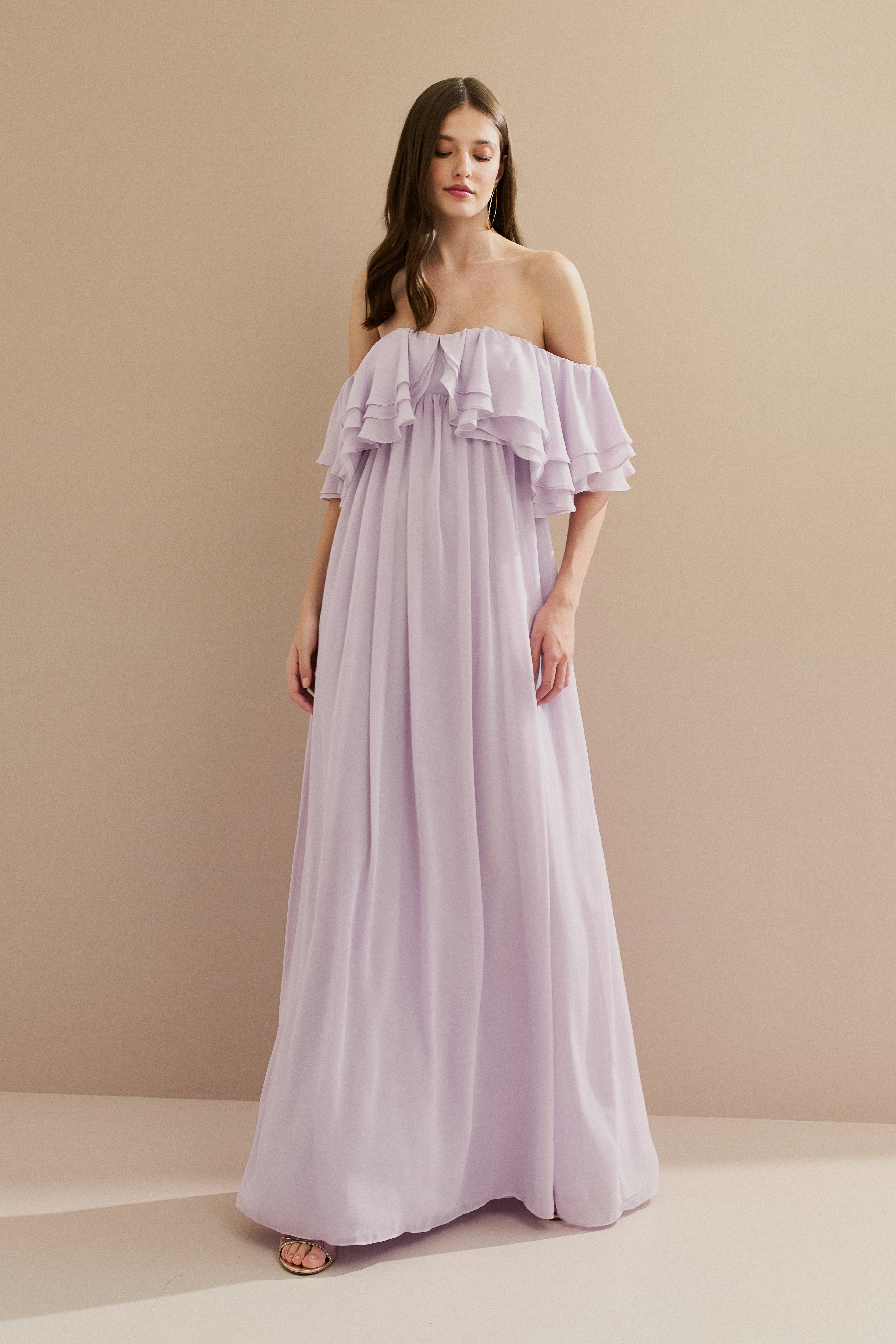 Vestido Longo em Chiffon com Mangas Ombro a Ombro e Babados - Himalaia Lilás | Lavanda