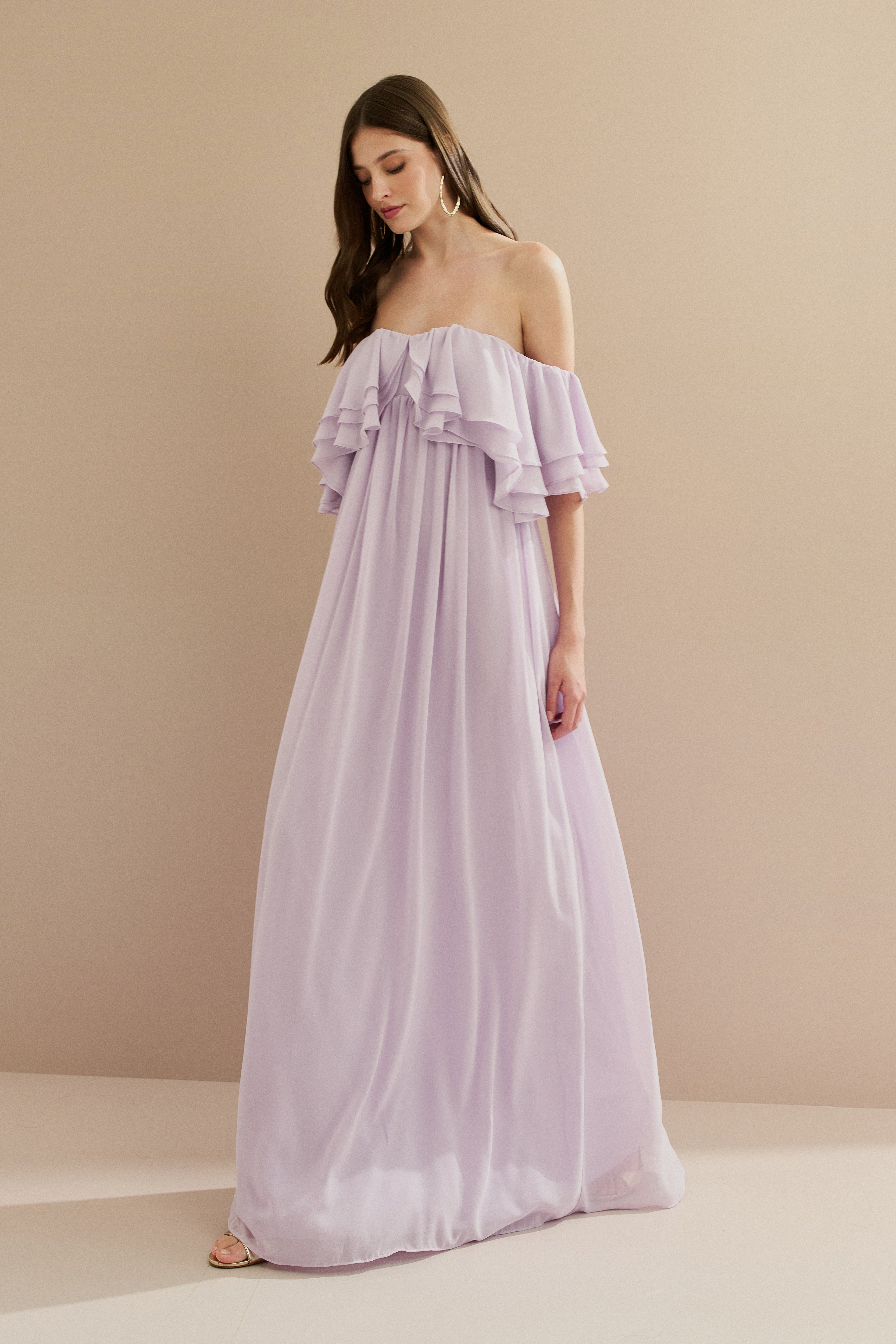 Vestido Longo em Chiffon com Mangas Ombro a Ombro e Babados - Himalaia Lilás | Lavanda