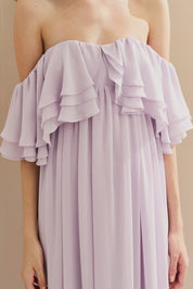 Vestido Longo em Chiffon com Mangas Ombro a Ombro e Babados - Himalaia Lilás | Lavanda