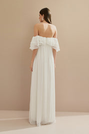 Vestido Longo em Chiffon com Mangas Ombro a Ombro e Babados - Himalaia Off White