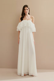 Vestido Longo em Chiffon com Mangas Ombro a Ombro e Babados - Himalaia Off White