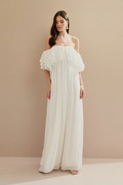 Vestido Longo em Chiffon com Mangas Ombro a Ombro e Babados - Himalaia Off White
