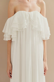 Vestido Longo em Chiffon com Mangas Ombro a Ombro e Babados - Himalaia Off White